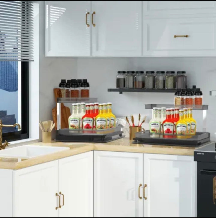 Premium 2-tier under sink organizer with L-shaped design, smooth pull-out drawer, rustproof stainless steel, and anti-slip pads.