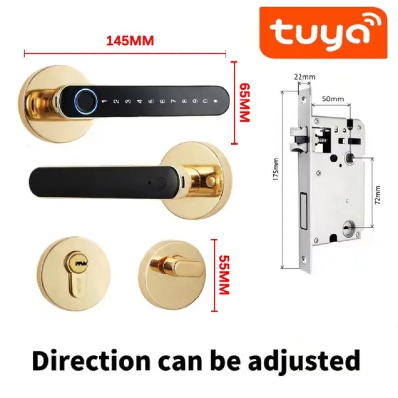 Smart Bluetooth Fingerprint Lock with gold handle, keypad, adjustable direction, and Bluetooth connectivity features