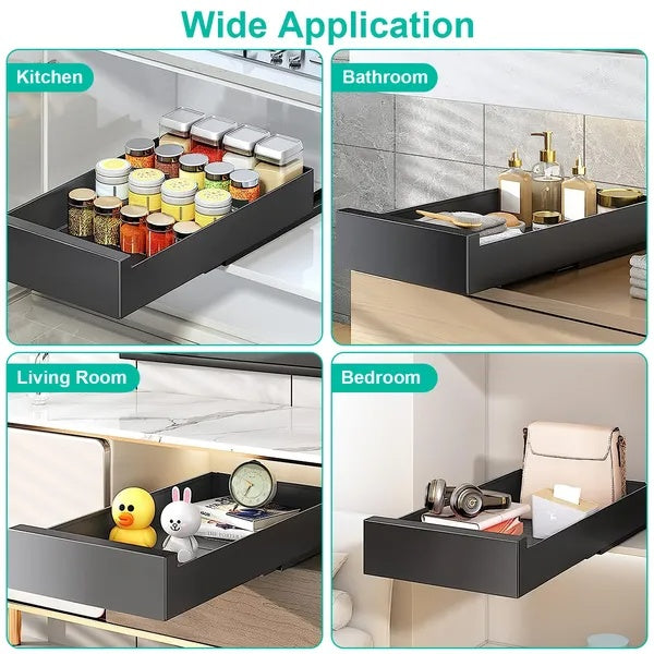 Black carbon steel pull out cabinet organizer with smooth slide rails for kitchen storage