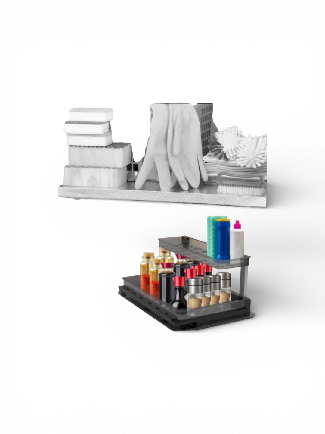 Premium 2-tier under sink organizer with L-shaped design, stainless steel pipes, pull-out drawer, and anti-slip pads for versatile storage.