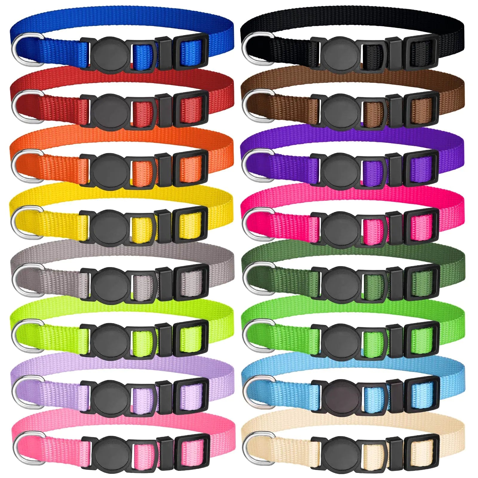 Set of 16 adjustable nylon puppy collars with safety breakaway buckles in various bright colors