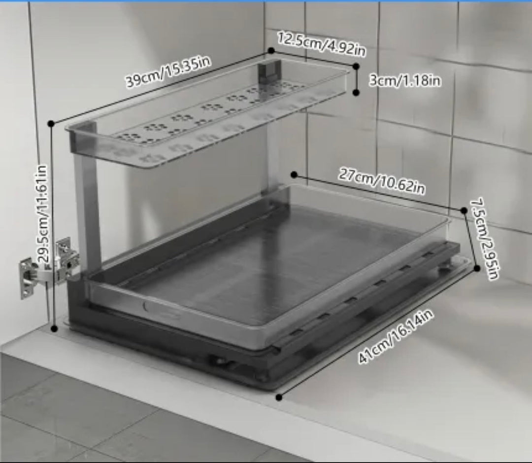 Premium 2-tier under sink organizer with L-shaped design, sliding drawer, anti-slip pads, and rustproof stainless steel construction