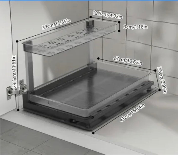 Premium 2-tier under sink organizer with L-shaped design, sliding drawer, anti-slip pads, and rustproof stainless steel construction