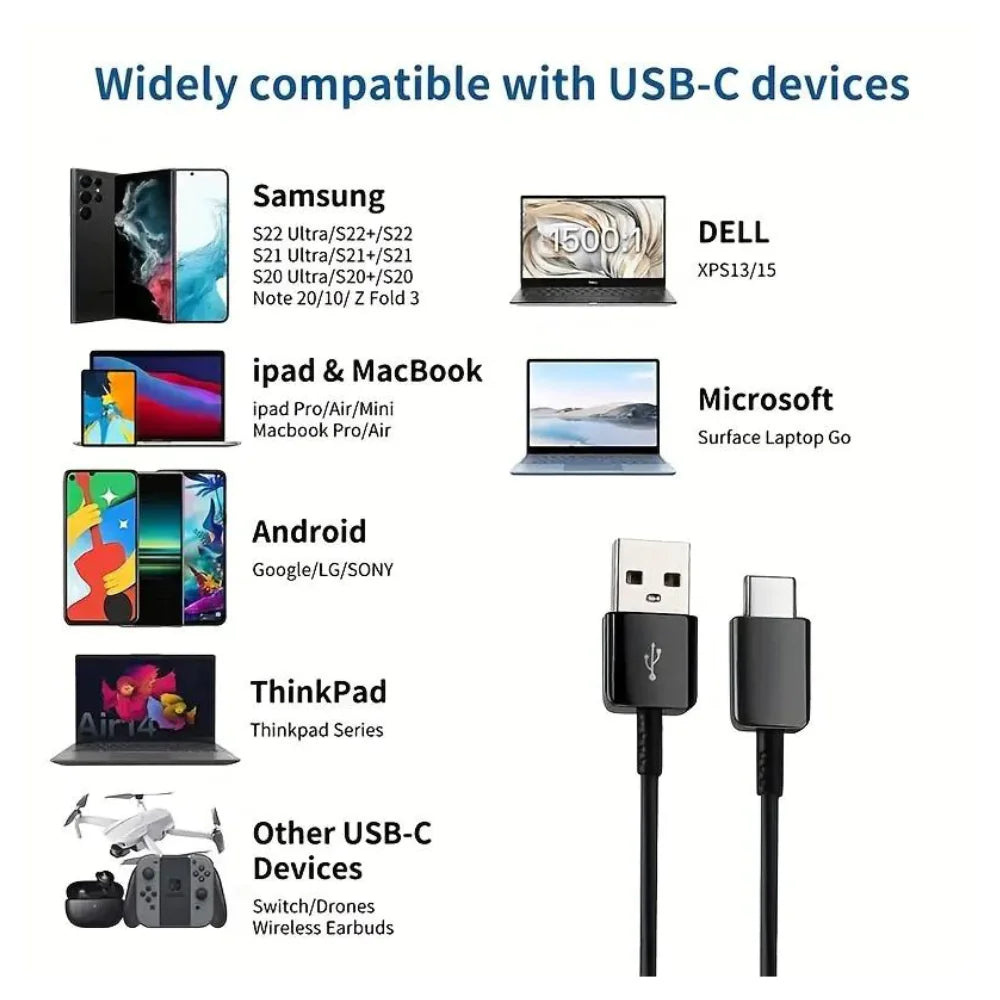 10ft Type-C USB-C charging cable compatible with Samsung, Apple, Dell, Microsoft, Android, ThinkPad, and other USB-C devices