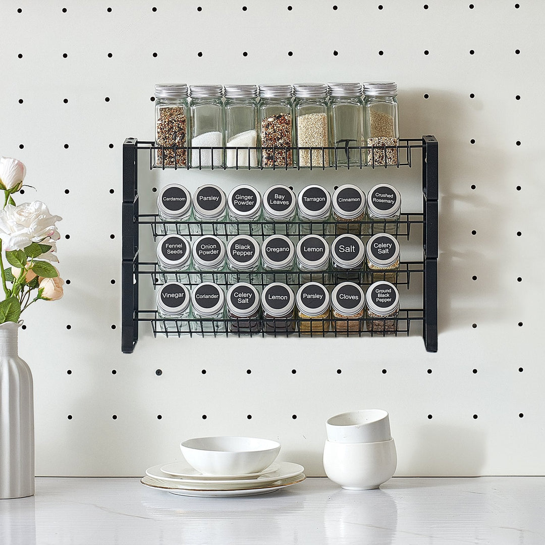 Spice rack organizer for kitchen cabinet and countertop with multiple seasoning jars