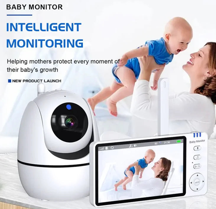 Smart wireless video baby monitor with HD camera, two-way audio, and portable design showing mother holding baby.