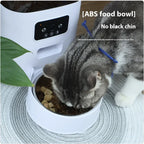 5L Automatic Pet Feeder with ABS food bowl and button control, feeding a gray and white cat