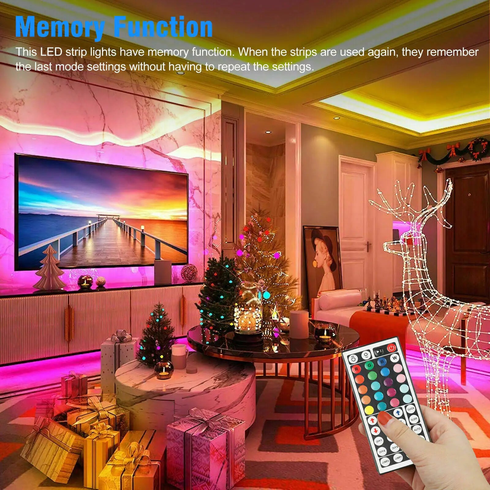 Waterproof flexible LED strip lights with remote control illuminating a decorated living room with colorful ambient lighting