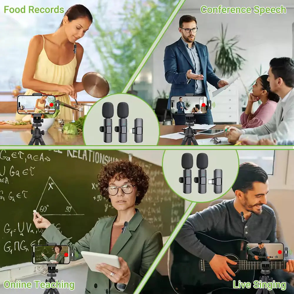 Wireless stereo lavalier microphone capturing clear audio for cooking, conference speech, online teaching, and live singing without wires or adapters