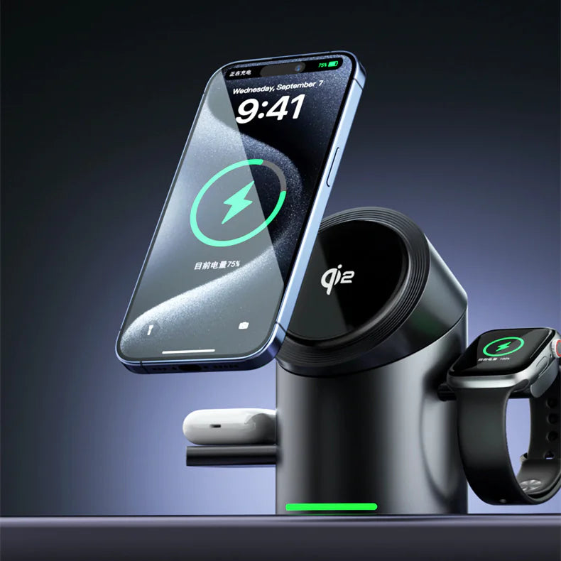 3-in-1 magnetic wireless fast charging stand charging smartphone, smartwatch, and earbuds simultaneously
