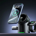 3-in-1 magnetic wireless fast charging stand charging smartphone, smartwatch, and earbuds simultaneously