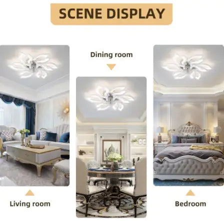 Modern acrylic ceiling fan with lights and remote control installed in living room, dining room, and bedroom settings