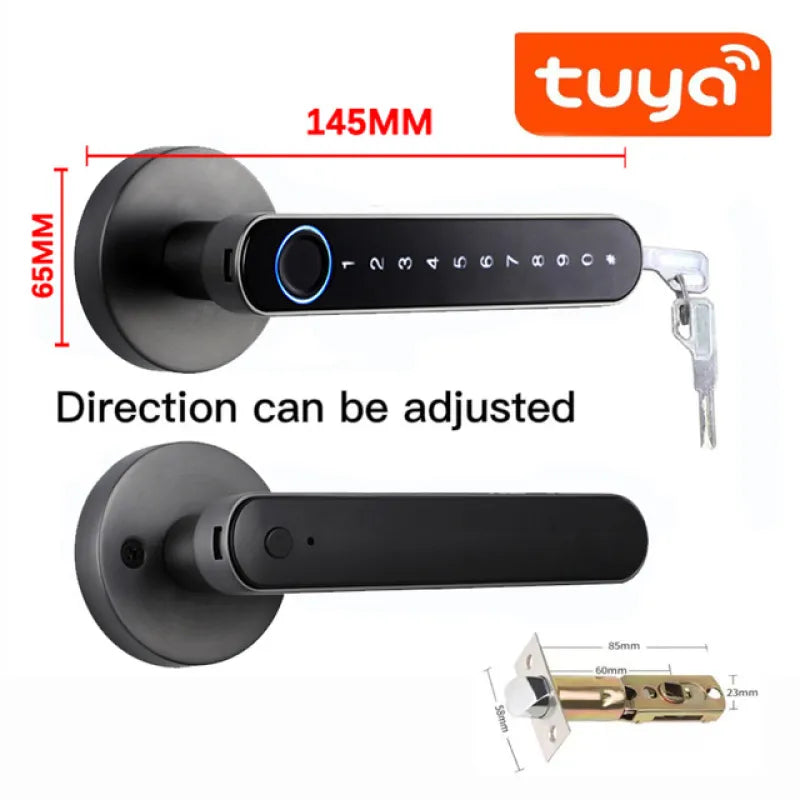 Smart Bluetooth Fingerprint Lock with adjustable direction, keypad, key override, and Tuya app connectivity, measuring 145mm by 65mm