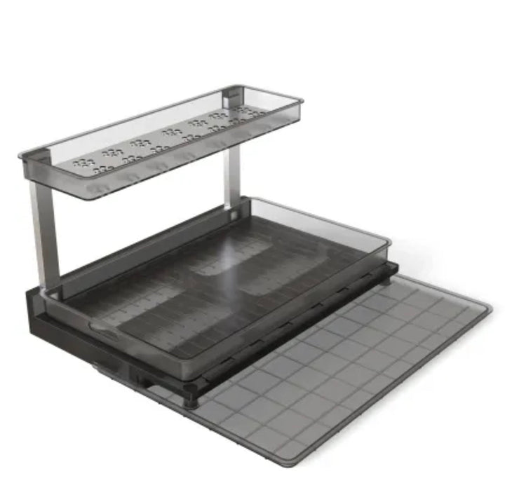 Premium 2-tier under sink organizer with L-shaped design and pull-out drawer for efficient storage