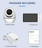 Smart Wireless Video Baby Monitor with baby camera, parent unit, USB charger, and user manual for remote baby monitoring