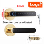 Smart Bluetooth Fingerprint Lock with adjustable direction, keypad, gold finish, and Bluetooth connectivity for secure home access