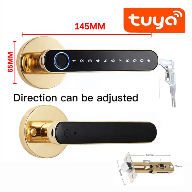 Smart Bluetooth Fingerprint Lock with adjustable direction, keypad, gold finish, and Bluetooth connectivity for secure home access
