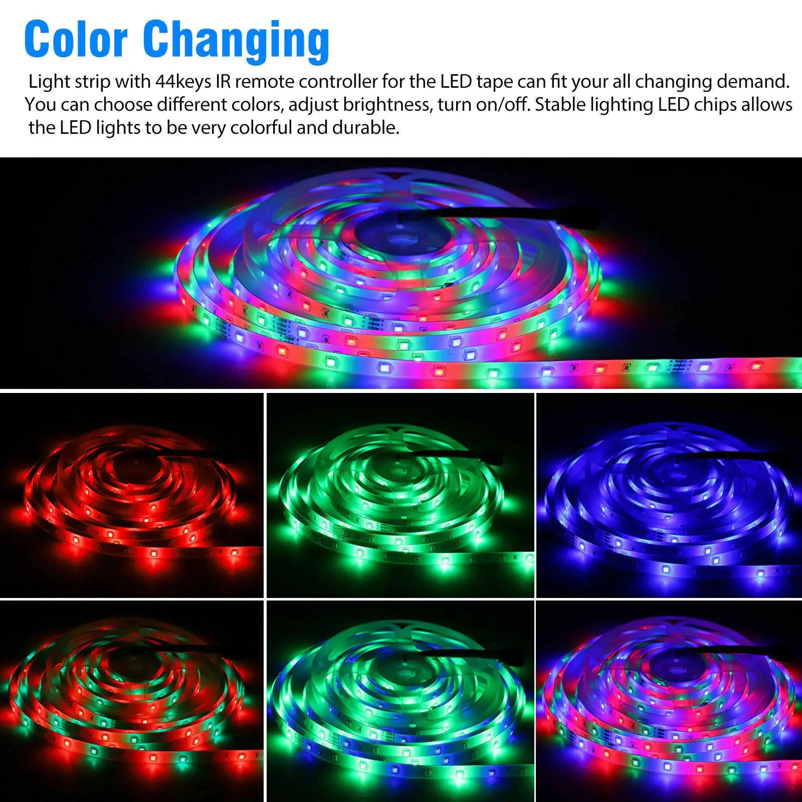 Waterproof flexible LED strip lights with 44-key remote control, color changing RGB, and indoor outdoor use
