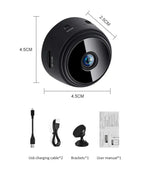 Mini wireless hidden camera with 1080P HD, night vision, WiFi, USB charging, and compact design with accessories including cables, bracket, and user manual.