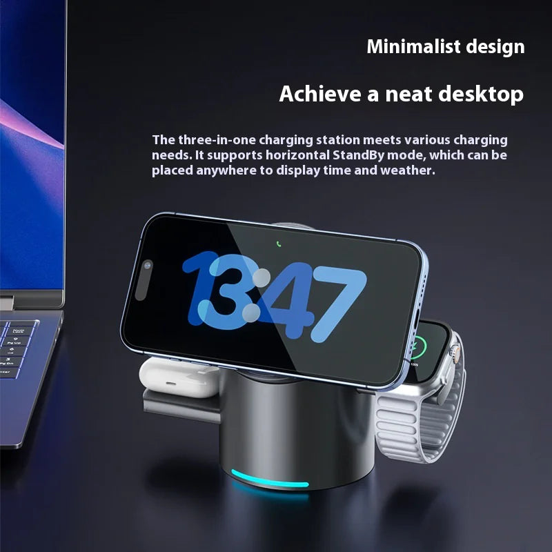 3-in-1 magnetic wireless fast charging stand charging smartphone smartwatch and earbuds with minimalist design on desk