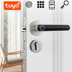 Smart Bluetooth Fingerprint Lock on a white door with touchscreen keypad and Tuya app integration icons