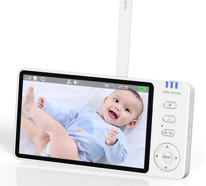 Smart wireless video baby monitor showing high-definition screen with a smiling baby, featuring night vision and two-way audio controls.