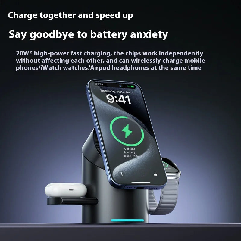 3-in-1 Magnetic Wireless Fast Charging Stand charging smartphone smartwatch and earbuds simultaneously with fast wireless and magnetic alignment features