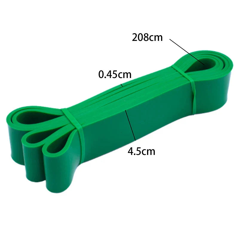 Green resistance band set with dimensions 208cm length, 4.5cm width, and 0.45cm thickness for fitness and bodybuilding.