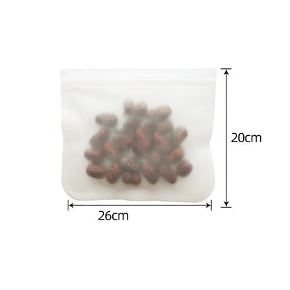 Reusable silicone food storage bag with zip seal, 26x20cm, leakproof and freezer safe for fresh food storage.