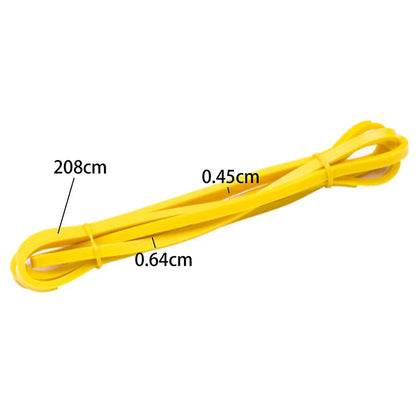 Yellow resistance band measuring 208cm in length, 0.45cm in thickness, ideal for fitness and muscle relaxation exercises.
