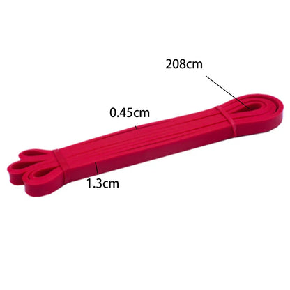Red resistance band measuring 208cm in length, 1.3cm in width, and 0.45cm in thickness, ideal for fitness and bodybuilding exercises.