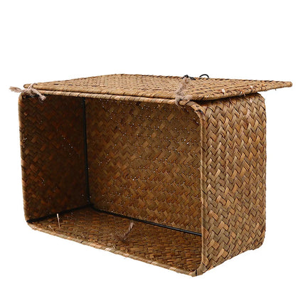 Hand-woven rattan wicker basket, rectangular desktop storage box for sundries, eco-friendly organizer.