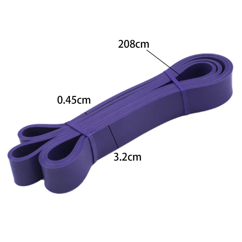 Purple resistance band set with dimensions 208cm length, 3.2cm width, 0.45cm thickness.