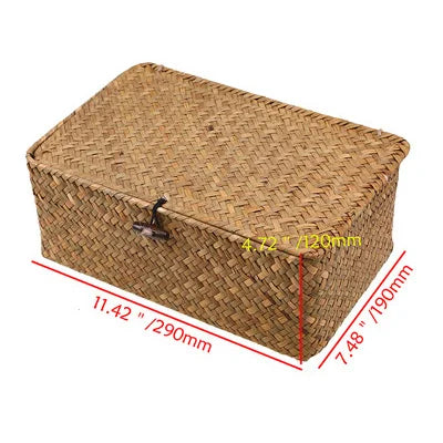 Hand-woven rectangular desktop storage box, rattan wicker basket, 11.42 inches by 7.48 inches, eco-friendly.
