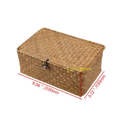 Rectangular hand-woven rattan wicker desktop storage box with measurements.