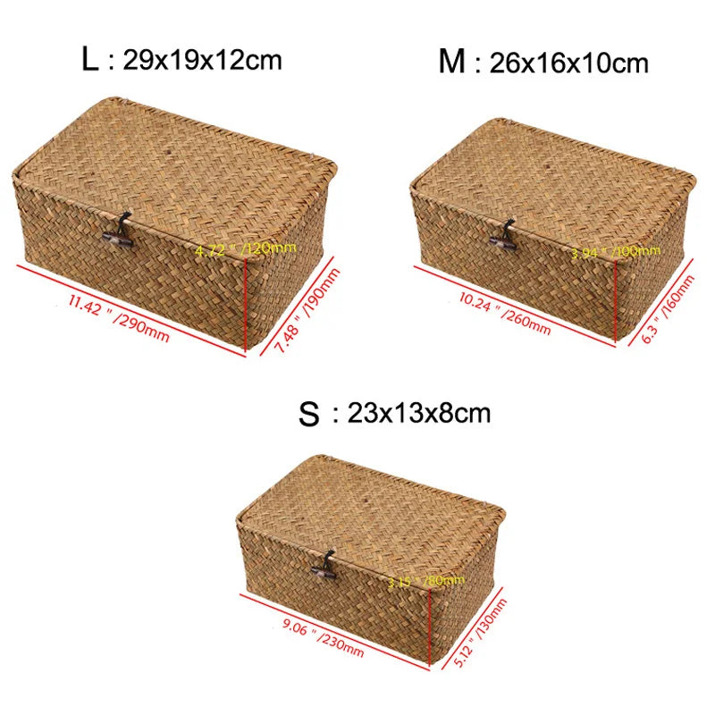 Rectangular hand-woven wicker desktop storage boxes in small, medium, and large sizes.