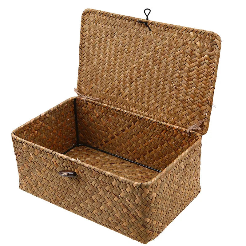 Hand woven rectangular desktop storage box made from natural rattan wicker for organizing sundries and clothes.