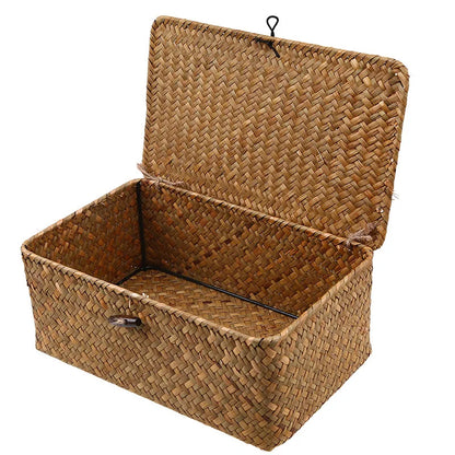 Hand woven rectangular desktop storage box made from natural rattan wicker for organizing sundries and clothes.