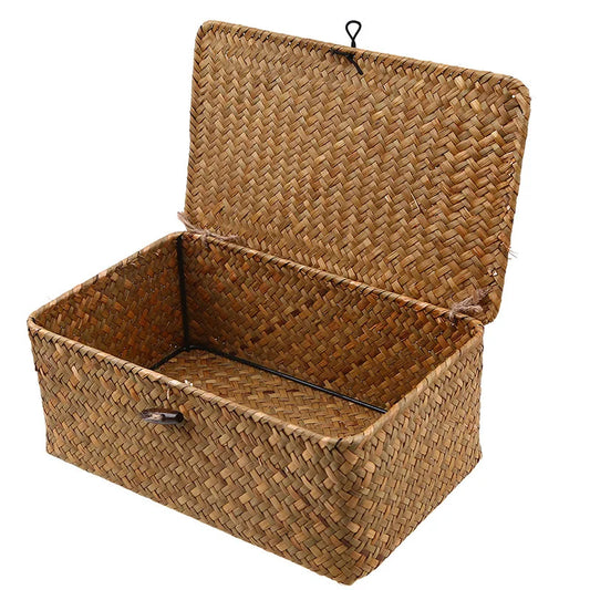 Hand woven rectangular desktop storage box made from natural rattan wicker for organizing sundries and clothes.
