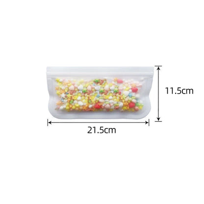 Clear silicone food storage bag with zip seal, dimensions 21.5cm by 11.5cm, reusable and leakproof