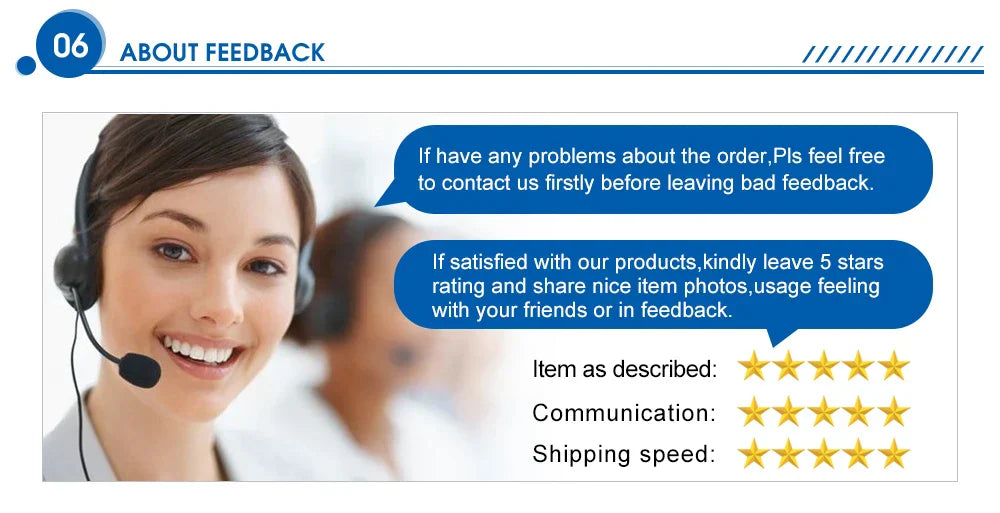 Portable luggage scale feedback section with a smiling customer service representative, highlighting 5-star ratings for item description, communication, and shipping speed.
