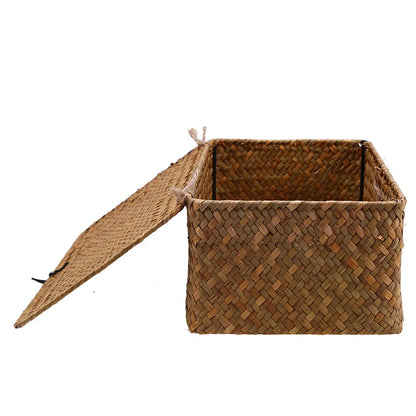 Hand-woven rectangular wicker desktop storage box with open lid.