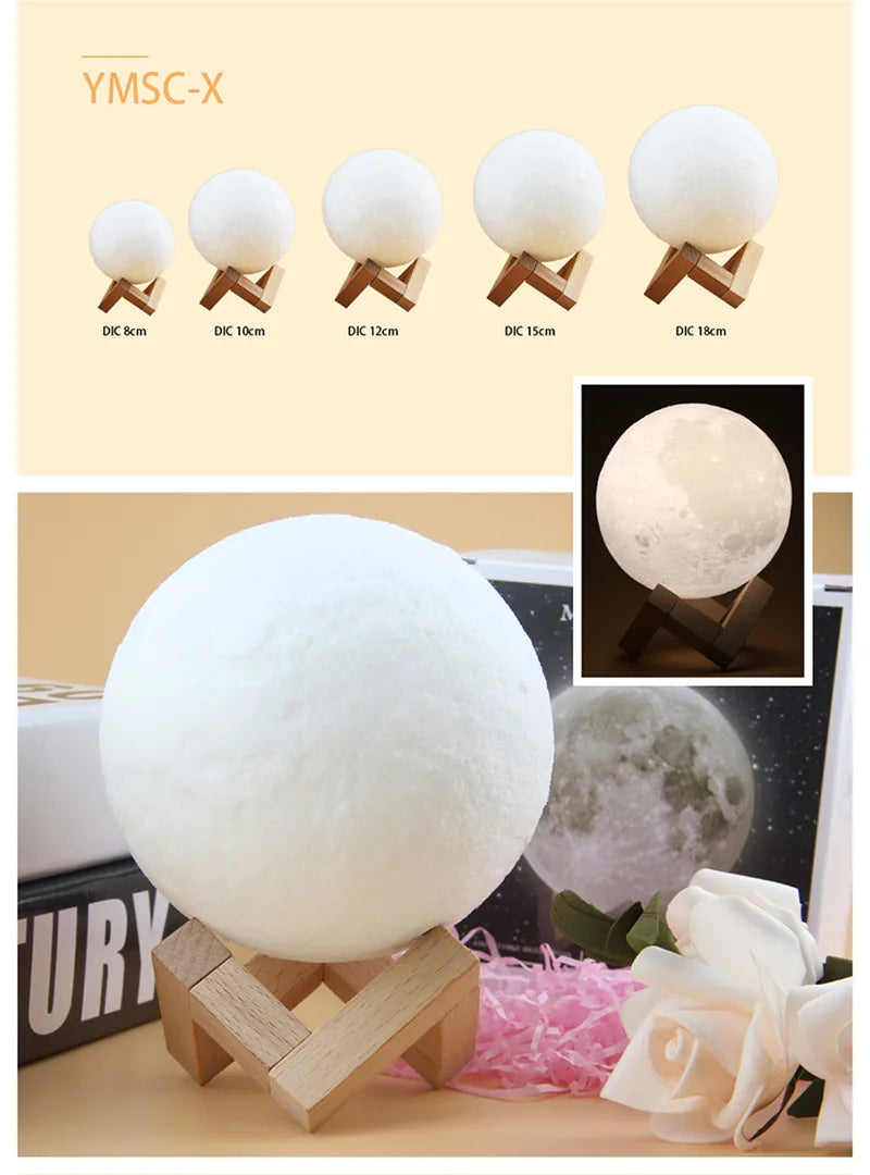 3D moon lamp featuring various sizes on wooden stands with a glowing light effect.