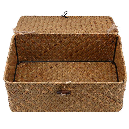 Hand-woven rectangular desktop storage box made of rattan wicker, ideal for clothes and sundries.