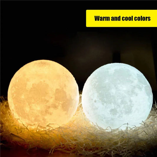 3D moon lamp with warm and cool LED colors, textured moon surface design.
