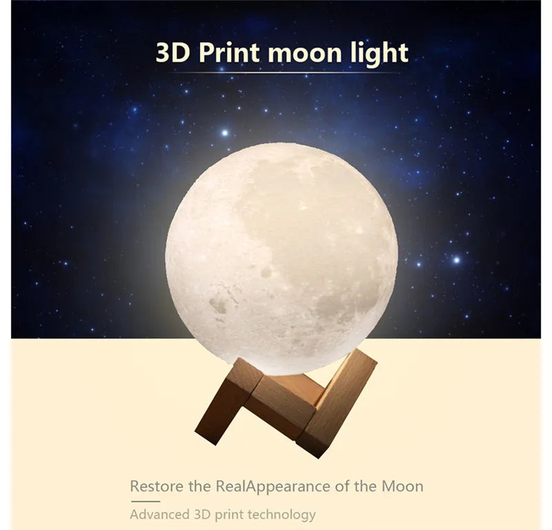 3D moon lamp with wooden stand, showcasing realistic lunar surface texture against a starry background.