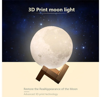 3D moon lamp with wooden stand, showcasing realistic lunar surface texture against a starry background.