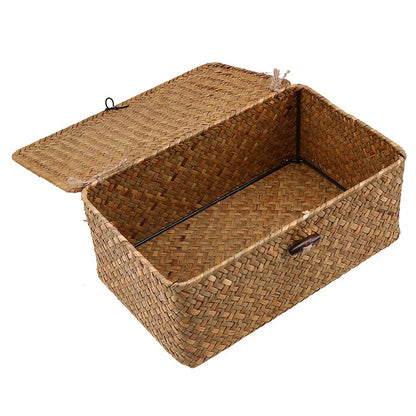 Hand-woven rectangular desktop storage box made of eco-friendly wicker for organizing sundries.
