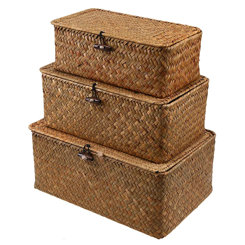 Hand-woven rectangular desktop storage boxes made from rattan wicker, eco-friendly organizer for sundries.