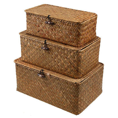 Hand-woven rectangular desktop storage boxes made from rattan wicker, eco-friendly organizer for sundries.
